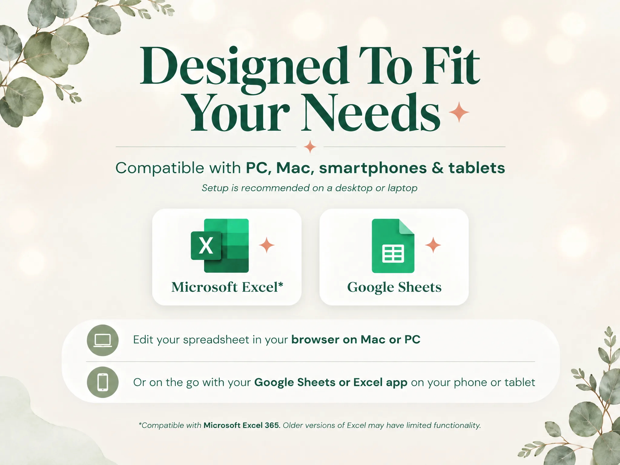 Excel Habit Trackers at a Glance: compatibility graphic for Excel and Google Sheets, with an older-version note
