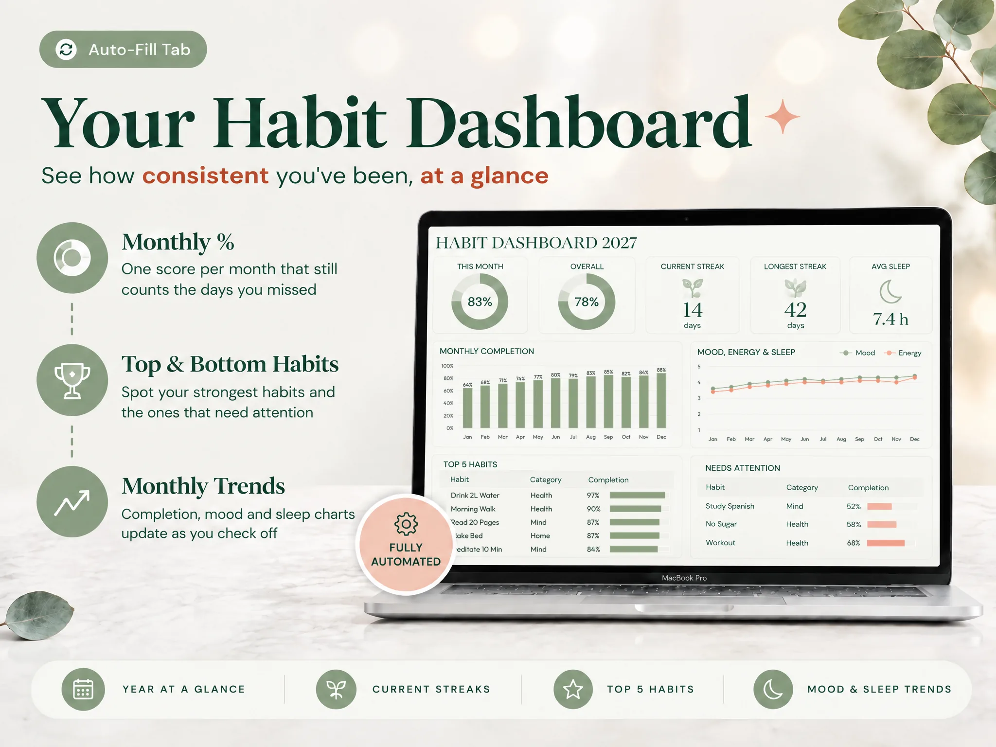 What Might an Older Excel Version Limit? Dashboard preview with monthly completion and streak summaries
