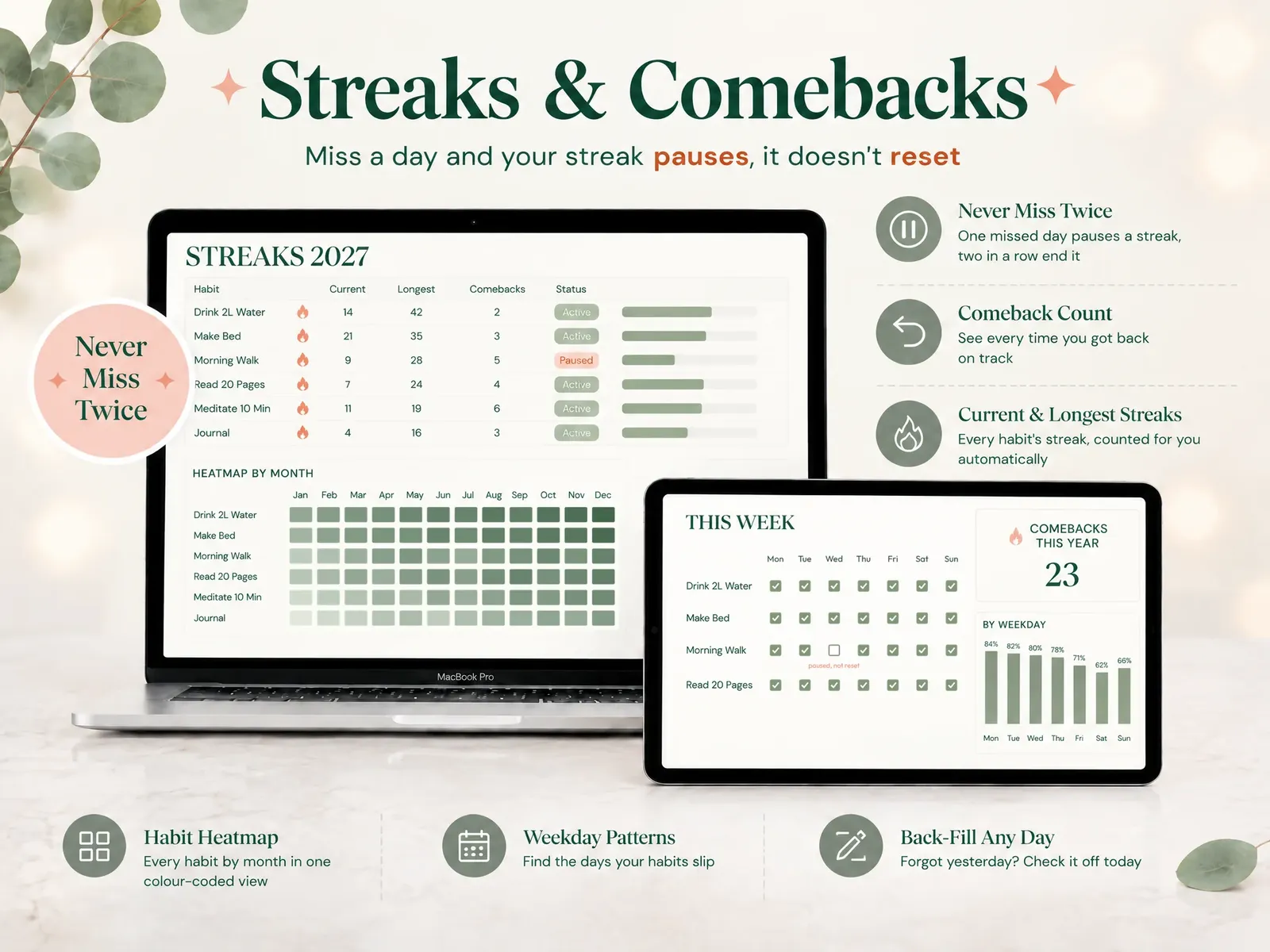 Streaks and comebacks tab showing current and longest streaks with the never-miss-twice rule