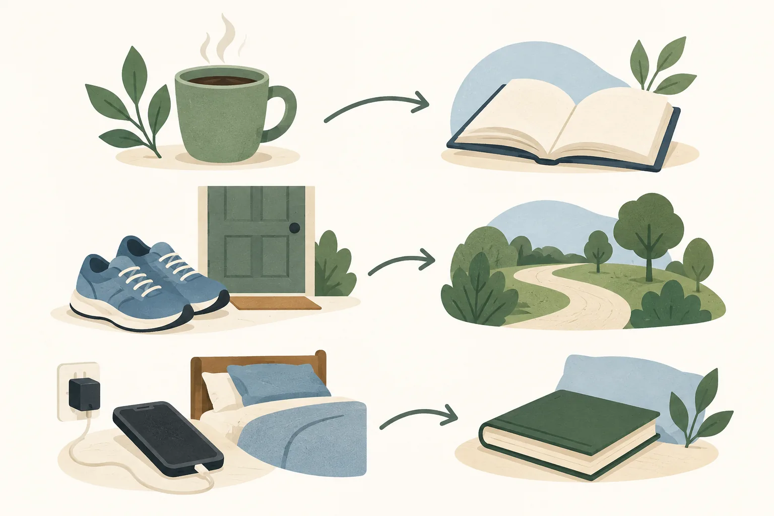 Three if-then habit examples pairing a coffee, walking shoes, and phone charging with a reading, walking, and bedtime routine
